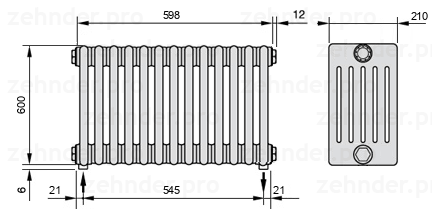 Схема (чертеж) Радиатор Zehnder Charleston 6060/13 №3570 Белый глянцевый RAL 9016